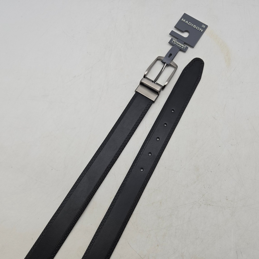 Madison Belt Black Textured Reversible Syn Leather Men 36 Nickel Buckle New